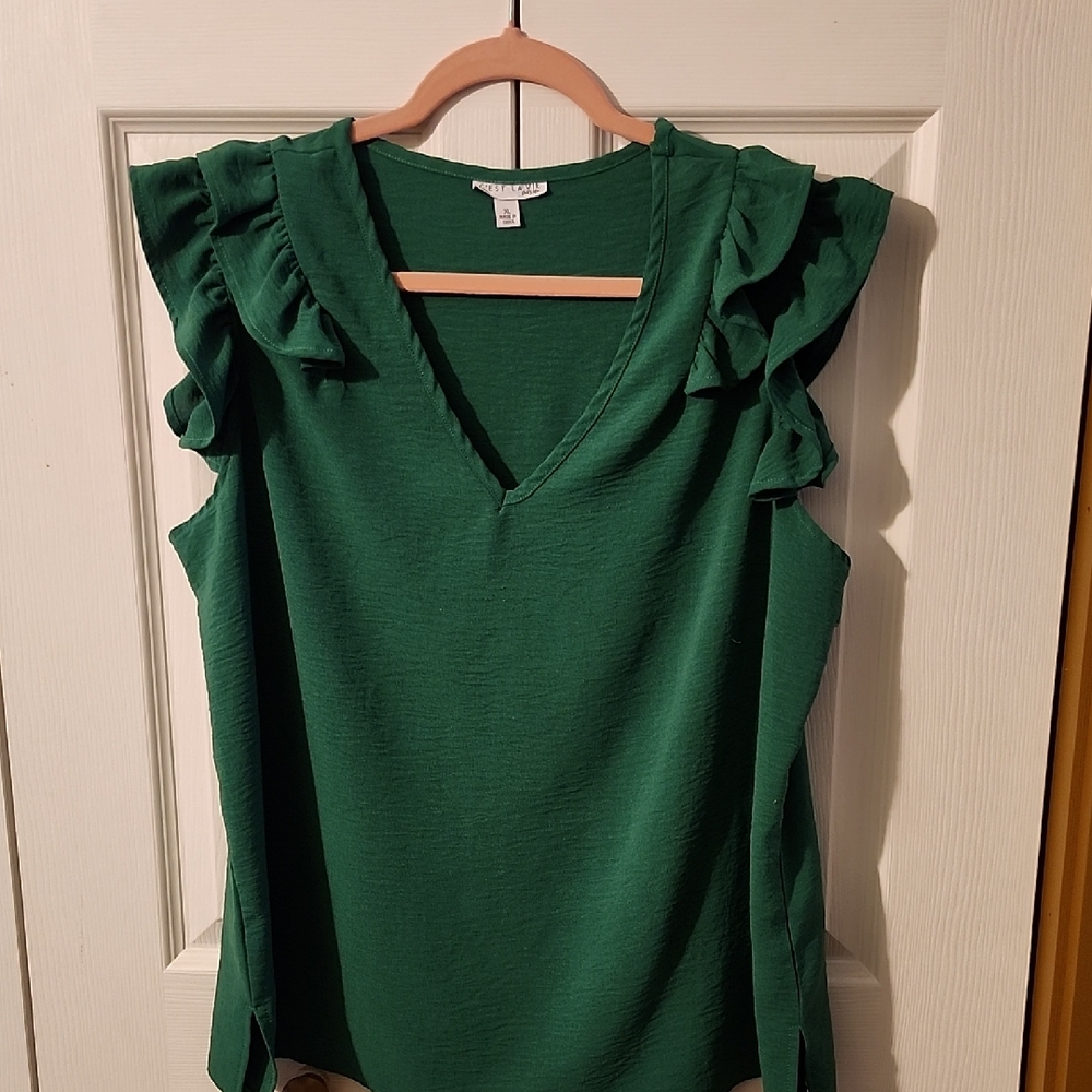Emerald Ruffle Sleeve V-Neck Blouse